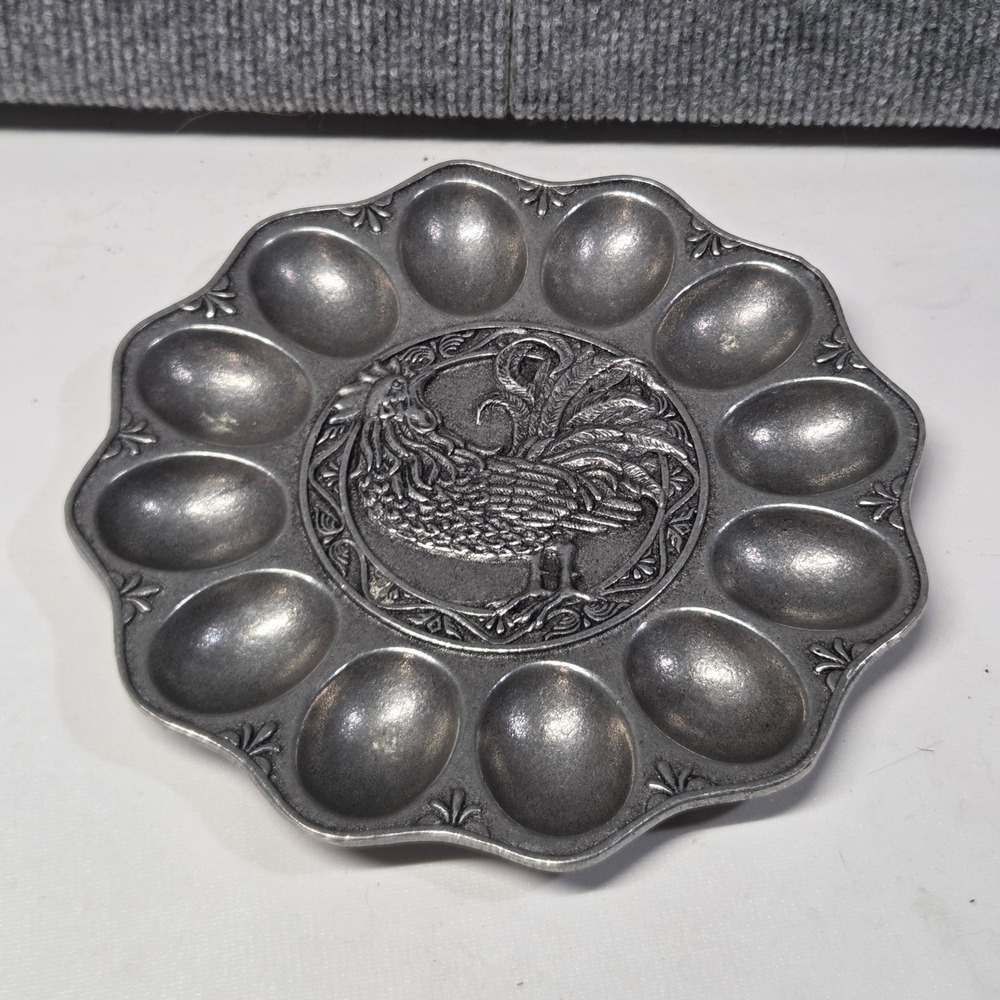 Carson Statesmetal Deviled Egg Platter Rooster Pewter Style Aluminum 12 Slot USA